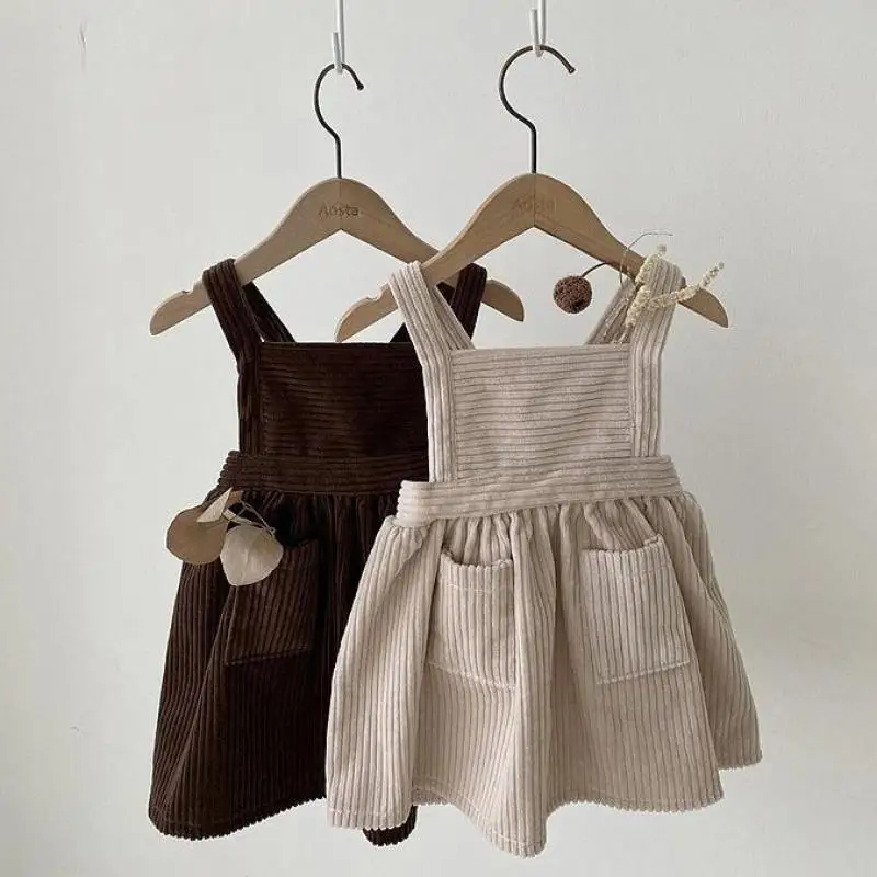 2024 Autumn New Baby Girl Retro Corduroy Dress Fashion Kids Sleeveless Strap Dress Square Collar Princess Dress Children Dresses