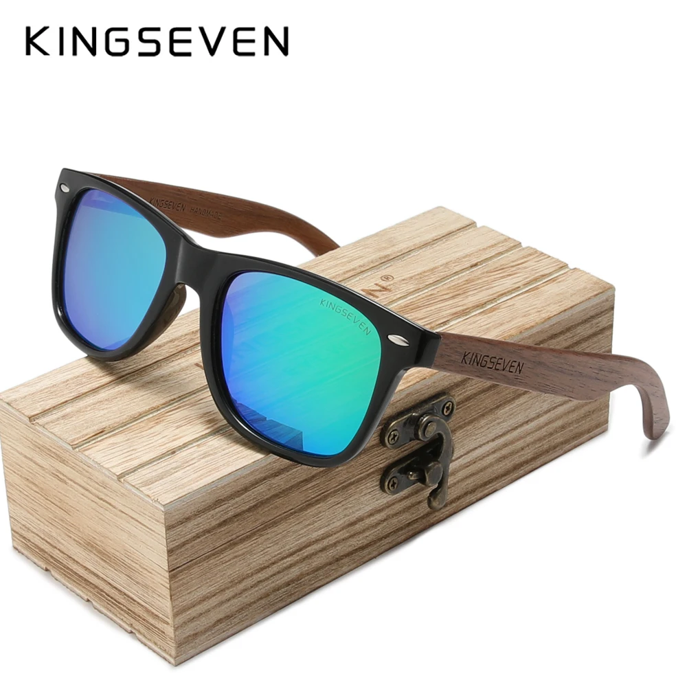 KINGSEVEN Neue Sonnenbrille aus schwarzem Walnussholz, polarisierte Sonnenbrille, Herrenbrille, handgefertigt, UV400-Schutz, Brillen, Retro-Holzbox