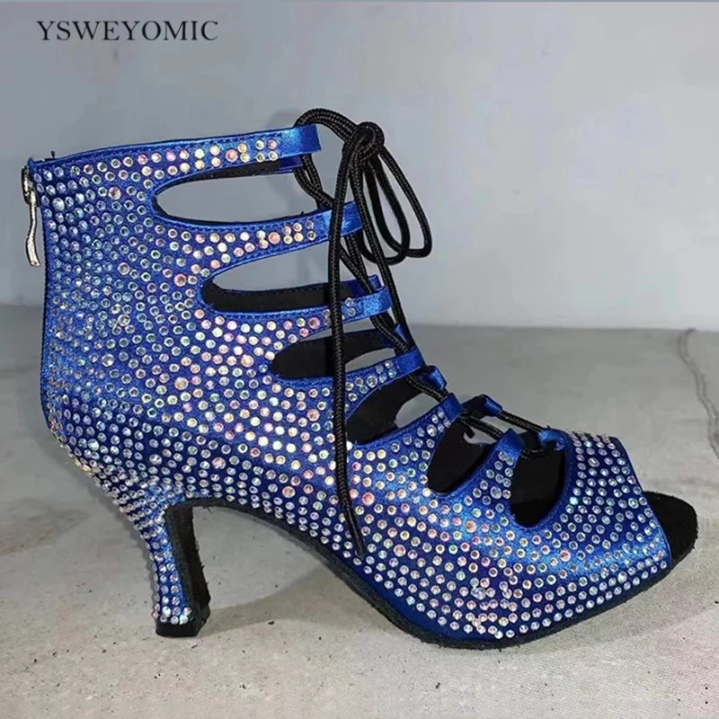 Latin Dance Boot Steentjes Vrouwen Dans Schoenen Blauw Wit Zwart Satijn Latin Vrouwen Salsa Schoenen Dansen Bruiloft Dance Boot