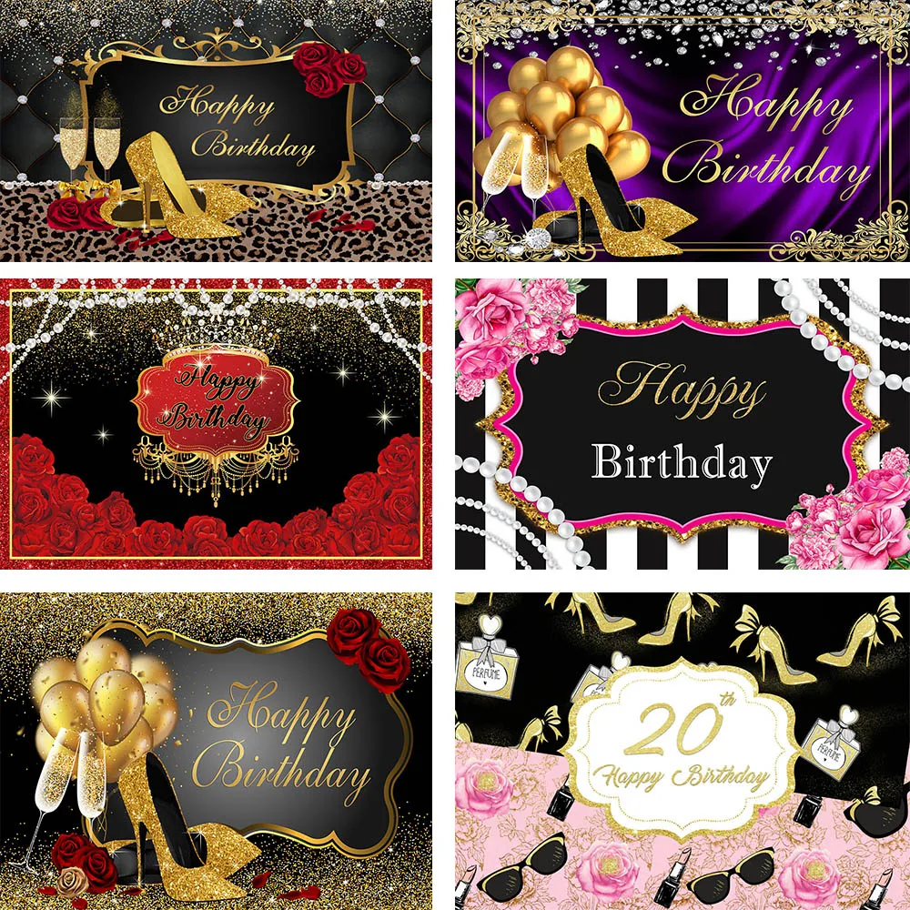 

Mocsicka Adult Happy Birthday Backdrop Fabulous Women Birthday Party Photo Background Decor High Heels Balloon Studio Photoshoot