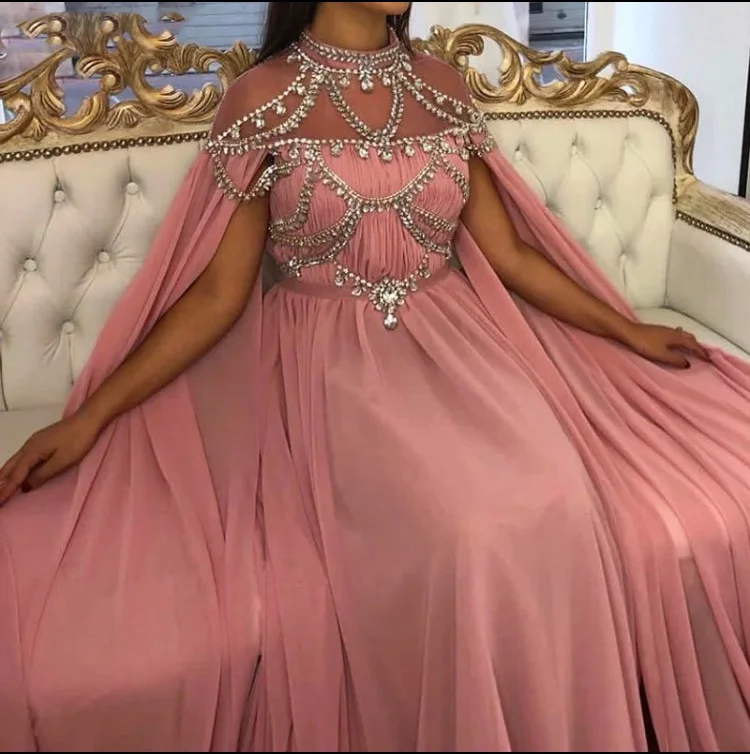 Blush Pink Muslim Formal Evening Dress 2024 Illusion High Neck Crystal Chiffon Islamic Dubai Kaftan Arabic Long Evening Gown