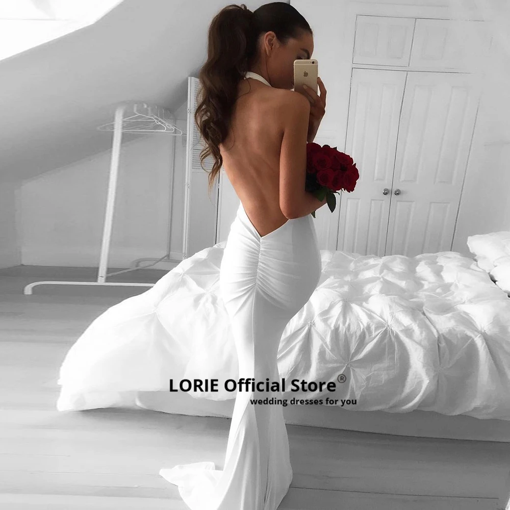 LORIE Simple Cheap White Wedding Dresses Mermaid Spandex Fabric Sleeveless Open Back Halter Bridal Gowns Beach Princess Party