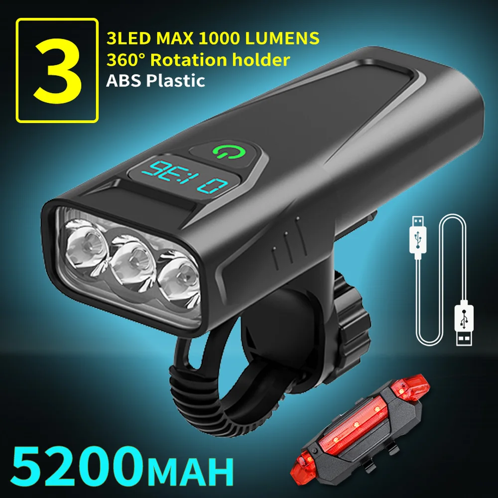 5200mAH Digital Display Bicycle Light USB Charging 3 LED Cycling Lights Front Lamp Headlight Ultralight Flashlight Bike Light