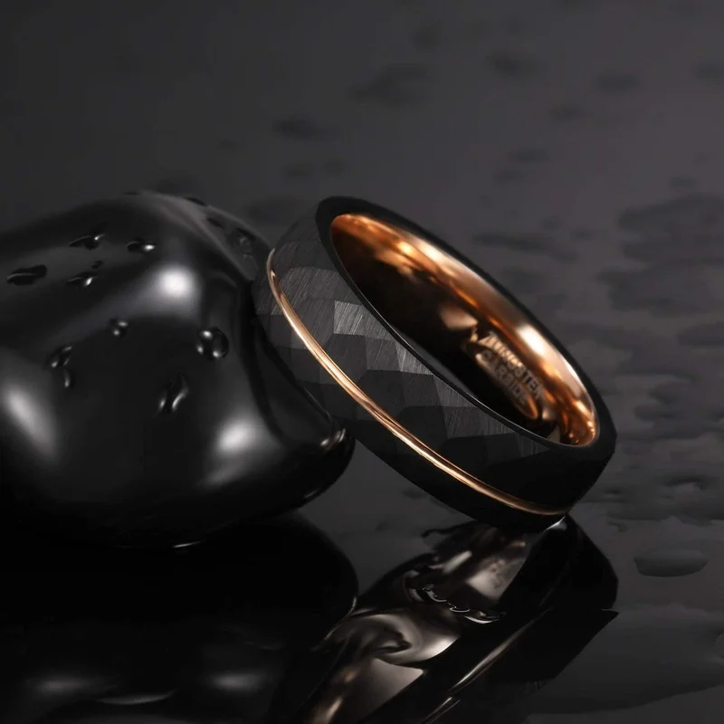 Tigrade 4 mm 6 mm 8 mm schwarze Wolframringe für Männer und Frauen, dünner Roségold-Rillen-Ehering mit gehämmerter Ehering, bequeme Passform, Größe 5–14 – Detail 6