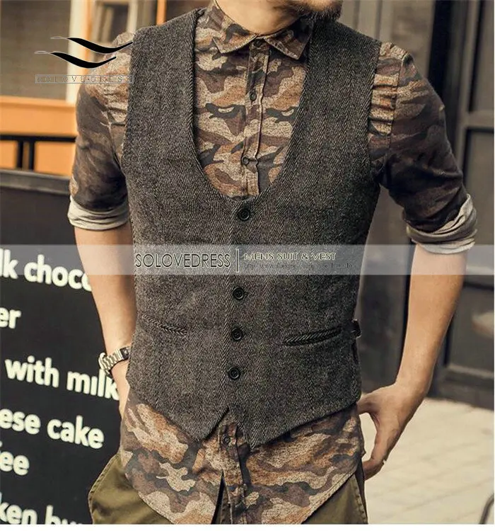 Grey Men Suit Vest Slim Fit Herringbone Tweed U Neck for Wedding Groomsmen Mens Waistcoat Vest