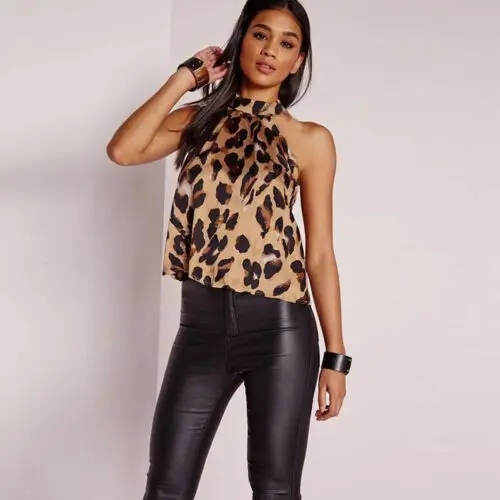 Women s Halter Sleeveless Vests Leopard Print Backless Blouse Bsic Tops Tee Shirt