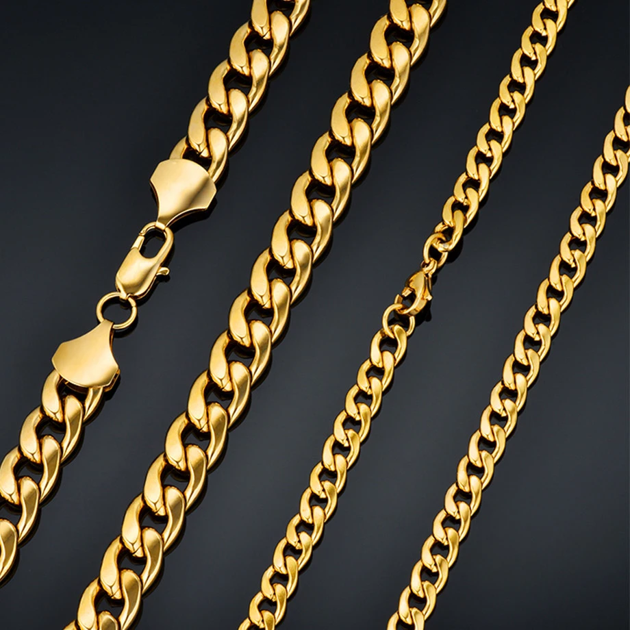 Men\'s 3/7/12mm 316L Stainless Steel Gold Color Miami Cuban Link Necklace Long Male Hip Hop Jewelry Chain Wholesale Dropshipping