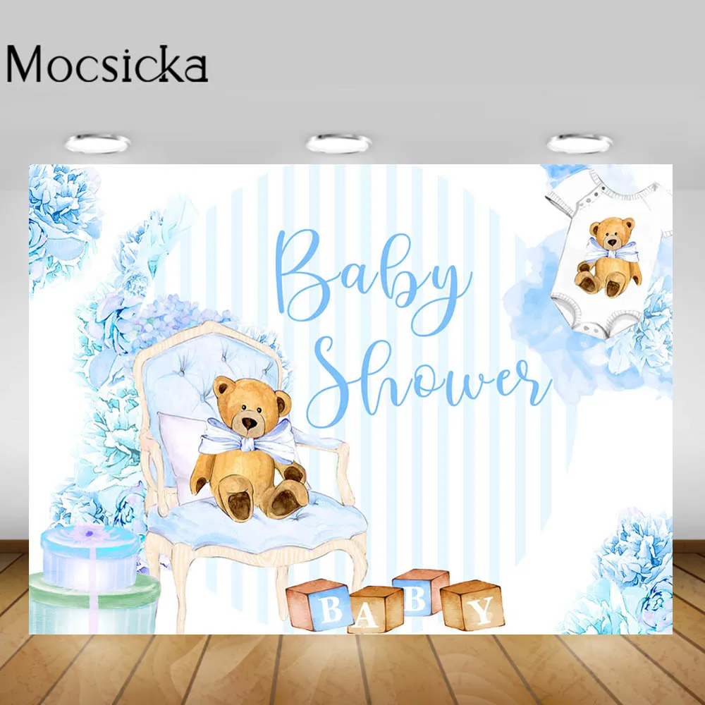 

Mocsicka Baby Shower Backdrop Bear Toys Blue Flower Stripes Boys Newborn Photography Background Props for Photo Studio Photocall