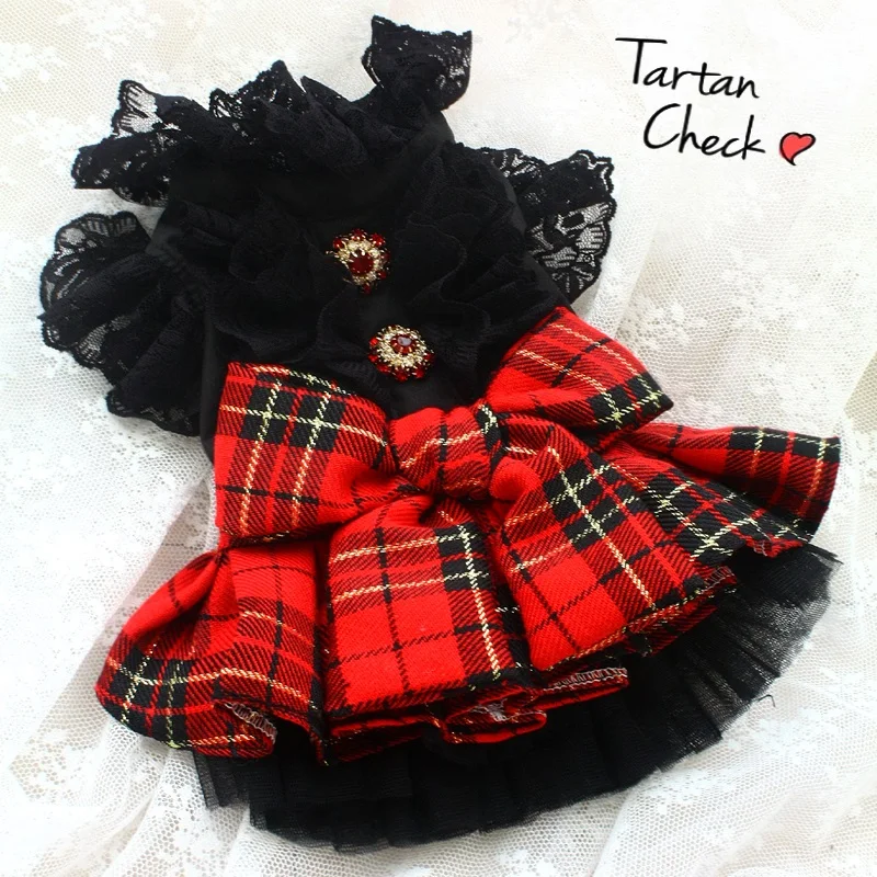 Handmade Dog Clothes Pet Dress Classic Scotch Check Skirt English Style School Uniform Black Shirt Top Lace Collar Sleeves Cat