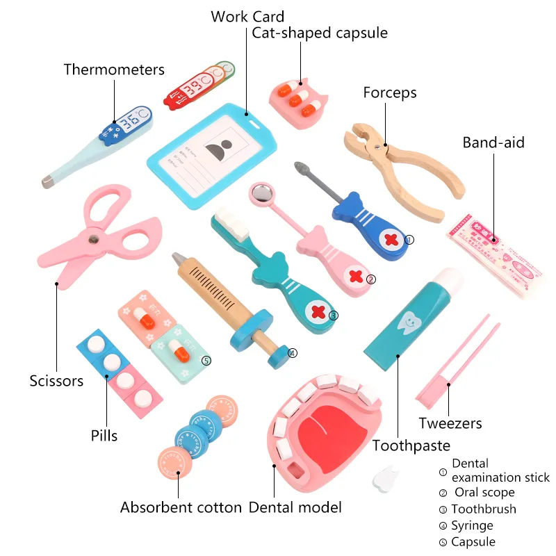 Kit de jouets de simulation en bois pour enfants, dentiste, médecin, infirmière, plis, ensemble de jeu, accessoires médicaux de simulation, sac pour garçon, fille, enfant