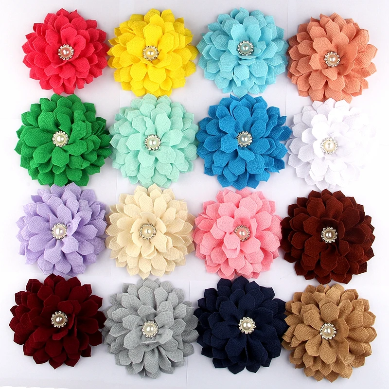 

120PCS 10.5CM 4.2" High Quality Big Blossom Scalloped Hair Flower With Pearl Rhinestone For Kids Children Girls Hair Accessories