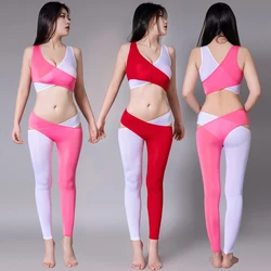 Sexy women High-elastic Two-piece suit Cross Split leg pose workout Leggings Shiny Ice silk Yoga pants Oily  Perspective Tights