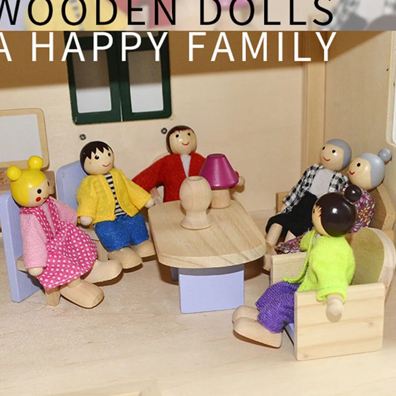 1/12 Dollhouse Wooden Family Doll Miniature Furniture Toy Kids Children Pretend Play Toy Boys Girls Gifts