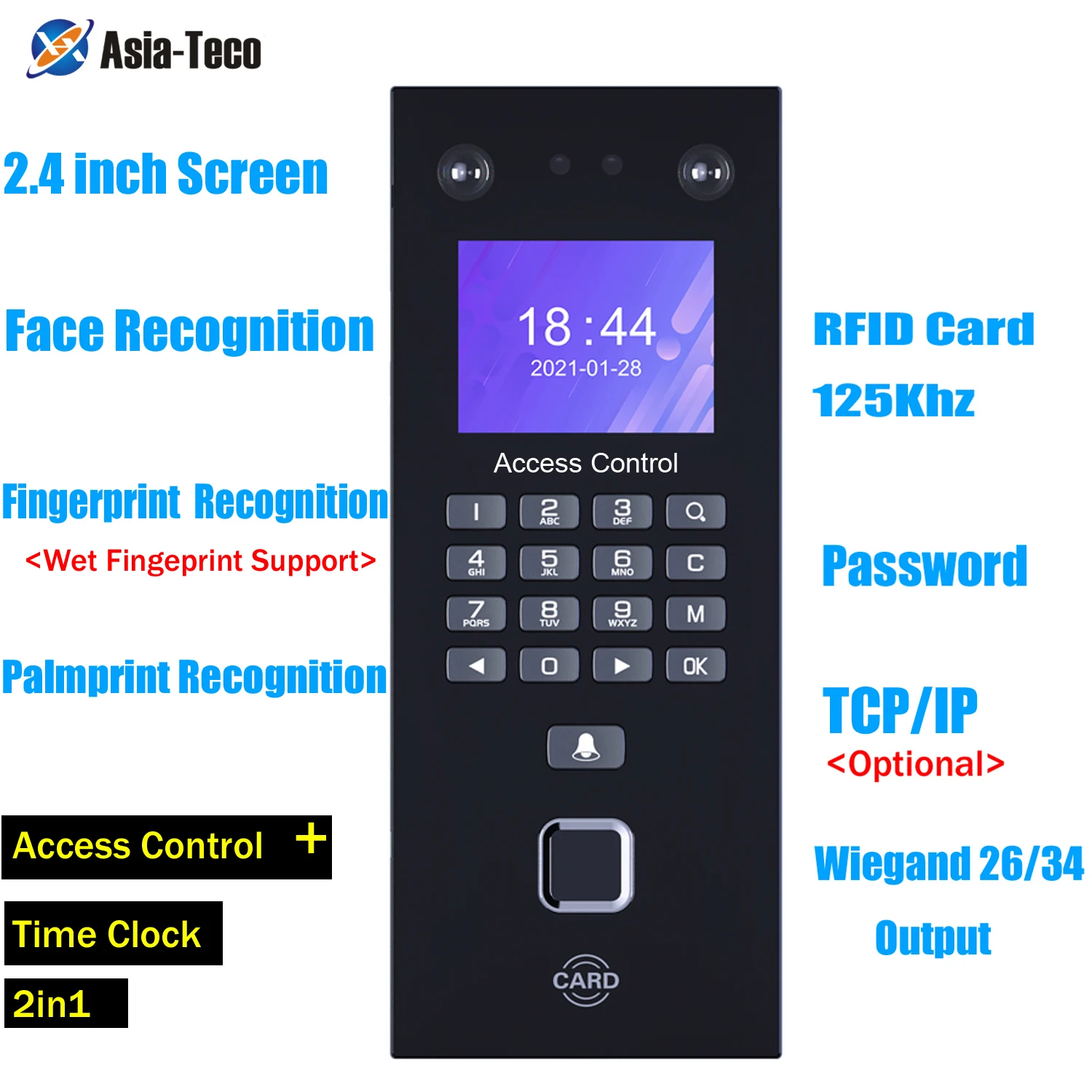 2.4 inch Facial Access Control Time Attendance Machine Biometric IR Face Recognition 125KHz RFID Keypad Palmprint Fingerprint