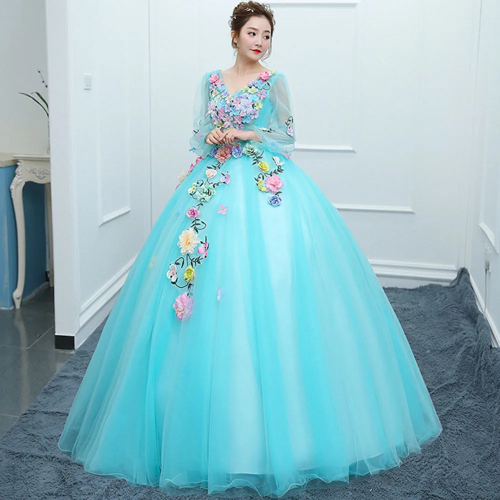 Xanh Dương Quinceanera Đầm Quý Tay Bầu Đầm Dự Tiệc Cho Bé Gái