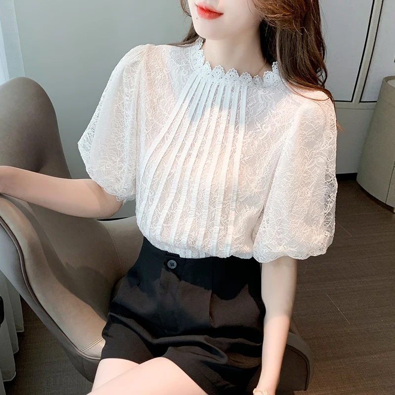 

White Lace O-neck Lantern Sleeve Blouse Shirt Korean Office Lady Elegant Blouses Female Summer Party Blouses Tops