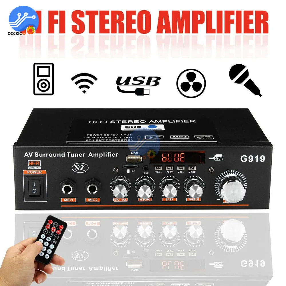 Bluetooth Amplifier DC12V AC110V-220V Digital Audio Stereo Surround Tuner Amplificador 2CH FM SD HIFI Car Home Power AMP