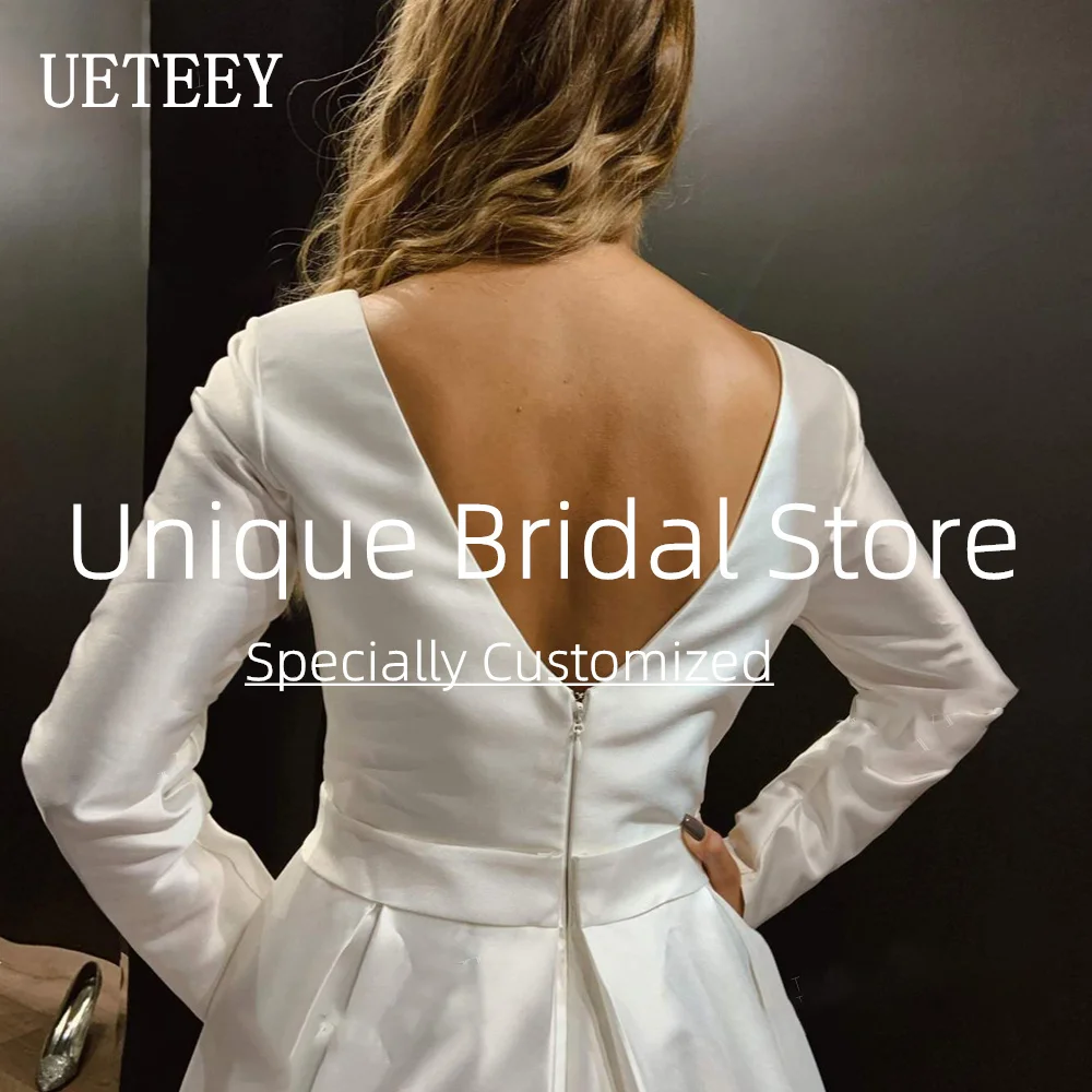 customizedUETEEY Plus Size Wedding Dress V-Neck Long Sleeve Zipper Back 2022 Simple Satin A-Line Princess Bridal Gowns Vestido D