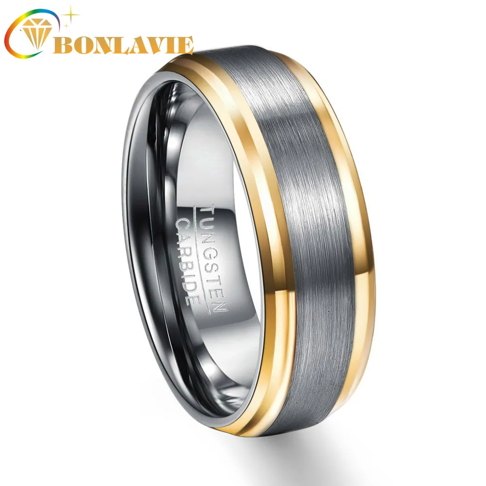 

BONLAVIE Party Ring Gold Color Edge Brushed Men Rings 100% Tungsten Carbide Steel Multi-size Anillos para hombres Pierscienie