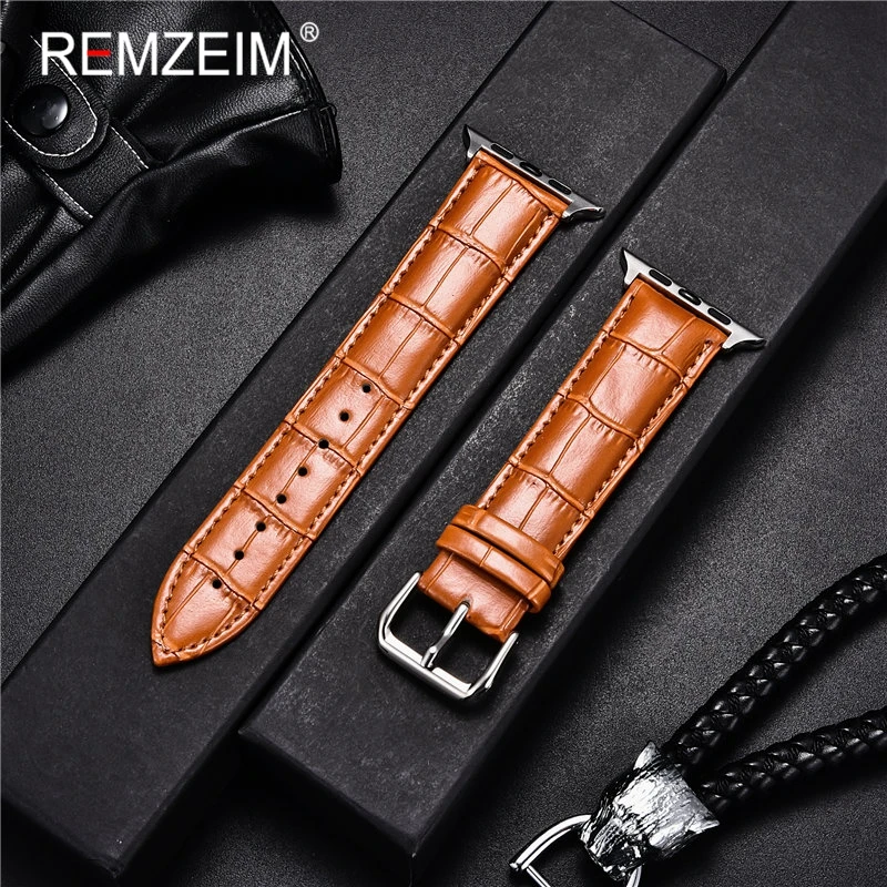 REMZEIM Leather Watchband For Apple Watch Band Series SE/6/5/4/3/2/1 42mm 38mm Women Men Leather Watchband Strap 44mm 40mm