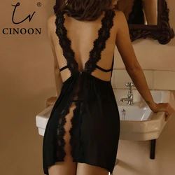 CINOON-Chemise de nuit sexy en dentelle pour femmes, pyjama à col en v confortable et décontracté, couleur unie