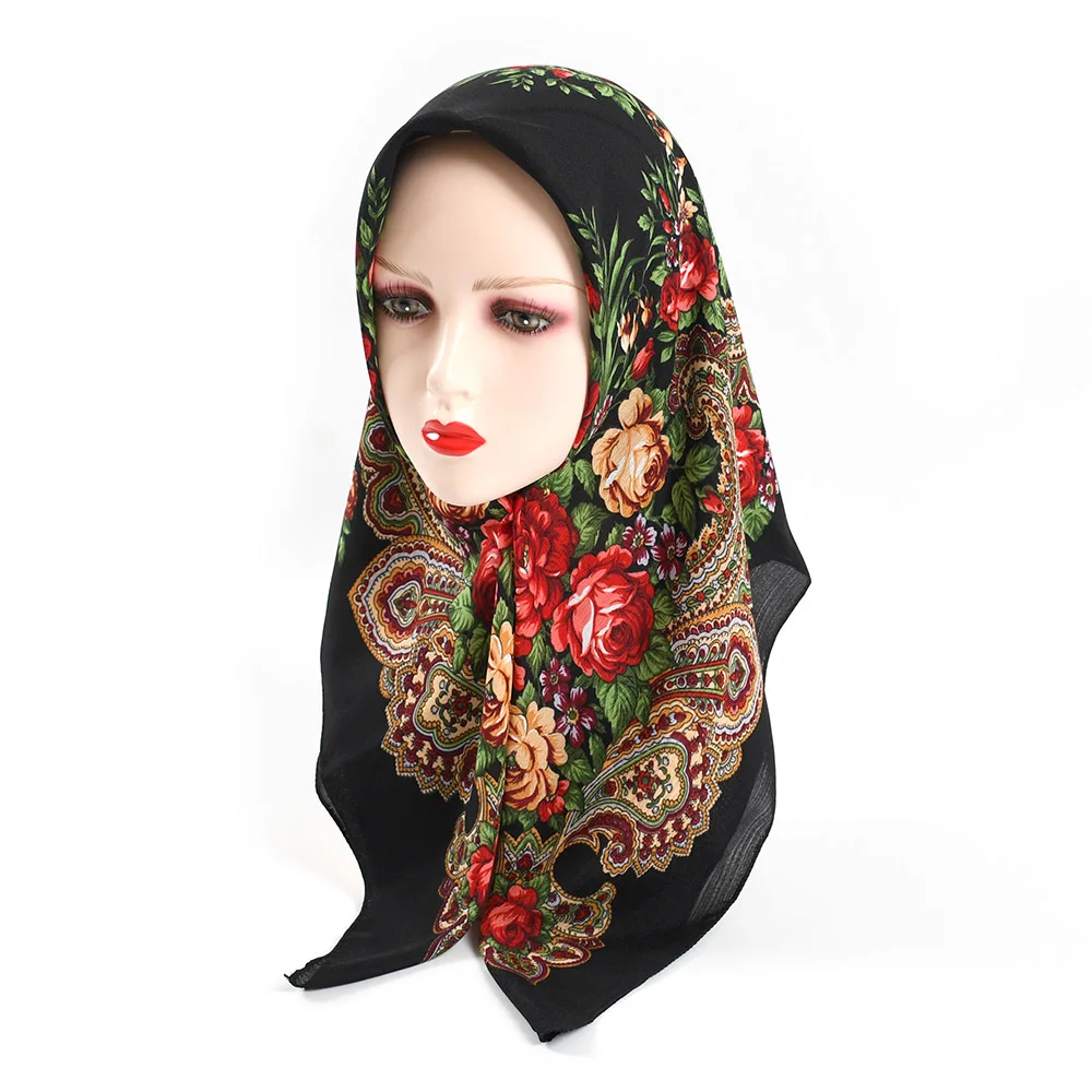 Handkerchief Square Russian Scarf Retro Floral Print Headband Women\'s Bandana Female Head Wraps Muslim Turban Hijab Headscarf