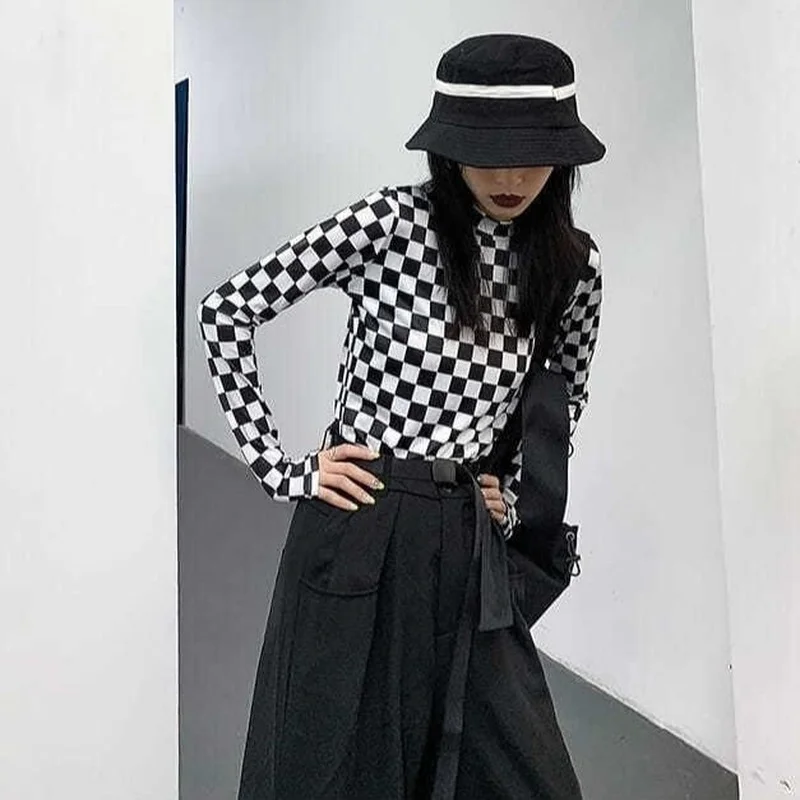 Checked T-shirts Women Retro Y2k Aesthetic Korean Style Ins Plaid Mujer Stylish Long Sleeve Clothes High Street All-match Fall