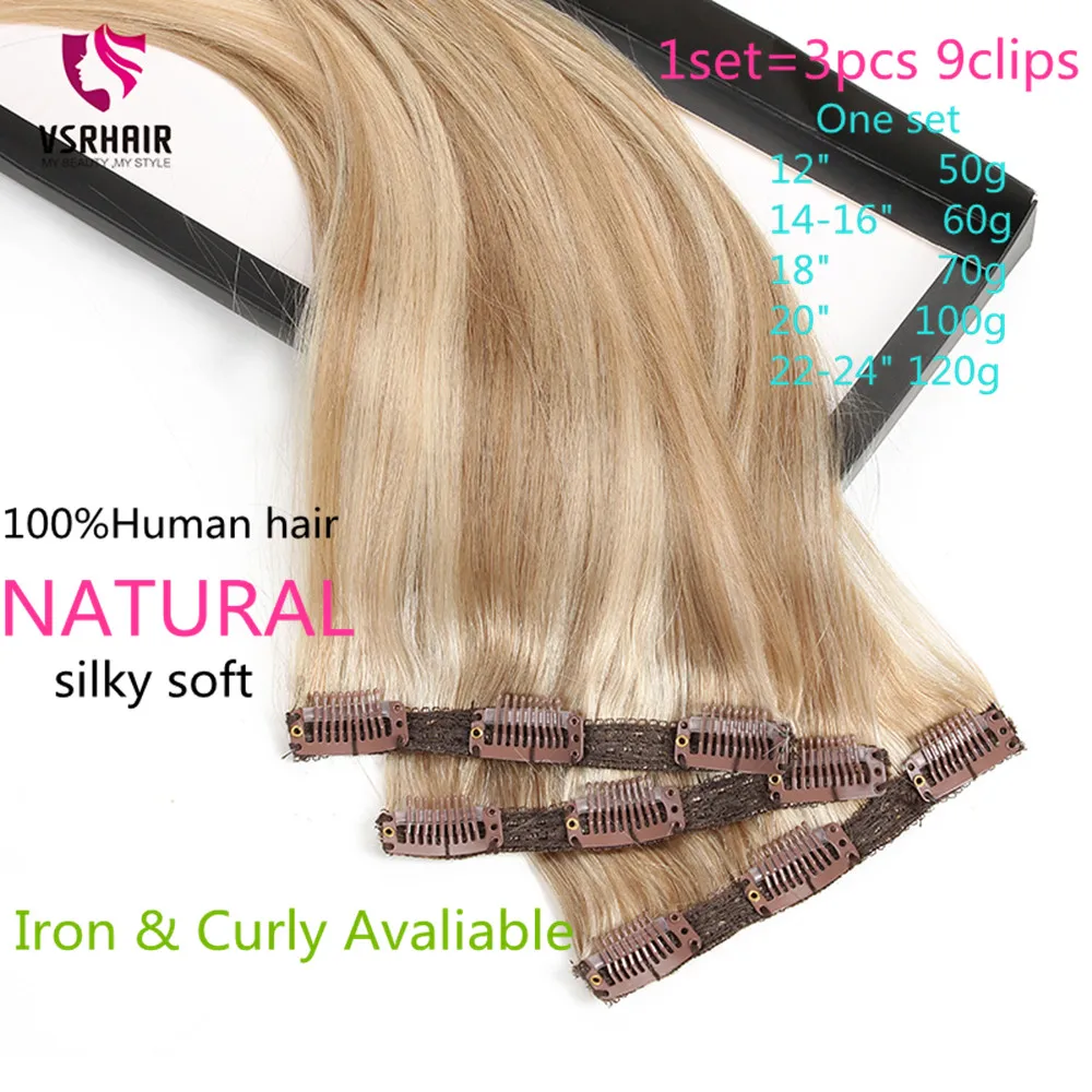 VSR 3pcs Clips Extensions 60g 100g 120g Machine Remy 100% Pure Human Hair Easy Do Clip Hair Extension