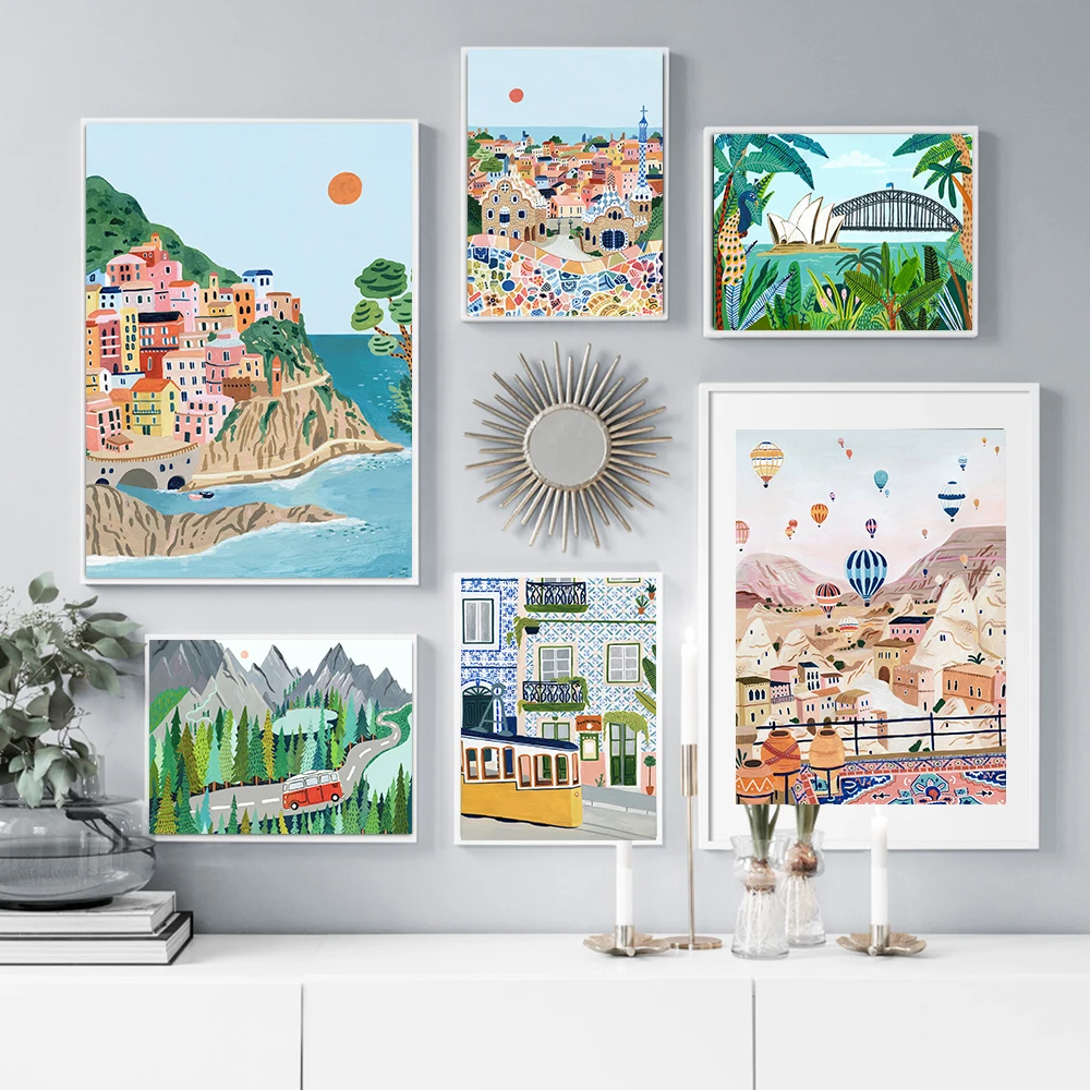 Nordic Vintage Travel City Poster Barcelona Turky Italy Landscape Art Canvas Painting Housewarming Gift Wall Pictures Home Decor