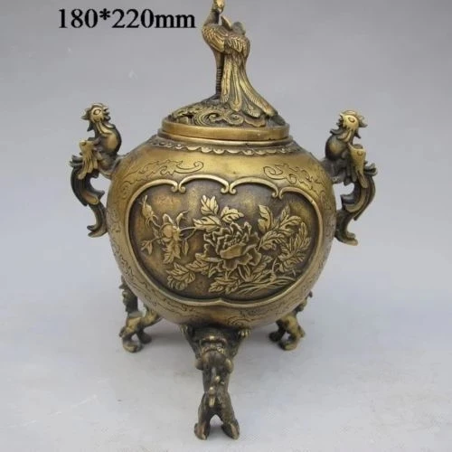 

Chinese Bronze Dragon Phoenix Incense Burner w Peony & Lid w Phoenix