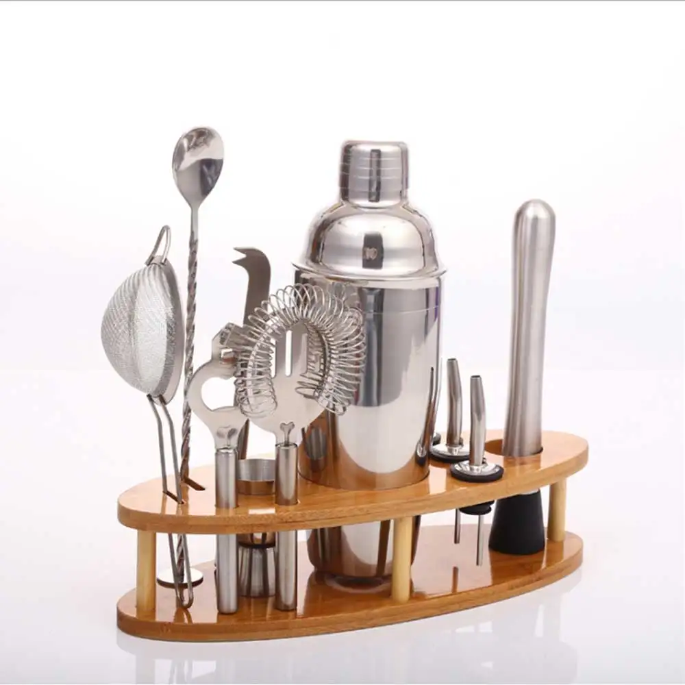 Stainless Steel Cocktail Shaker For Mixer Wine Martini Boston Bartender Drink Party Bar Accessories Tools Set With Wooden Rack