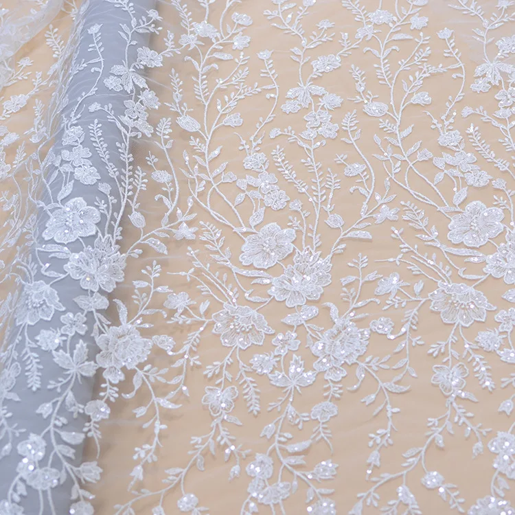 

Snow White, Ivory Sequined Tulle Lace Fabric for Wedding Dress 2021 NEW Arrival High Quality Florals Embroidery Lace Free Ship