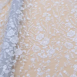 Snow White, Ivory Sequined Tulle Lace Fabric for Wedding Dress 2021 NEW Arrival High Quality Florals Embroidery Lace Textile