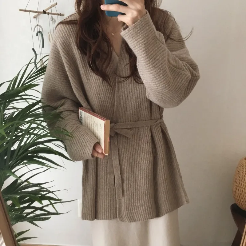 New Spring Autumn Women\'s Knitted Coat V-Neck Solid Color Sweater Outerwear With Belt Korean Style Loose Female Blouse