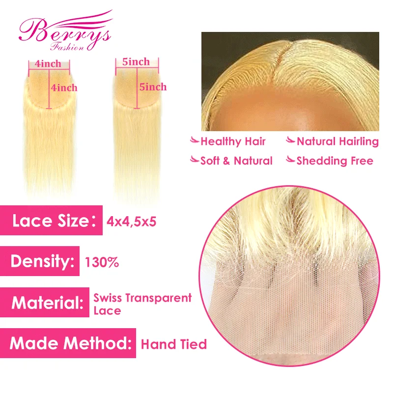 Berrys Fashion 5x5 Lace Closure Blonde 613 Peruvian Straight Human Hair 10-22Inch 4x4 Lace Closure Bleached Knot With Baby Hair