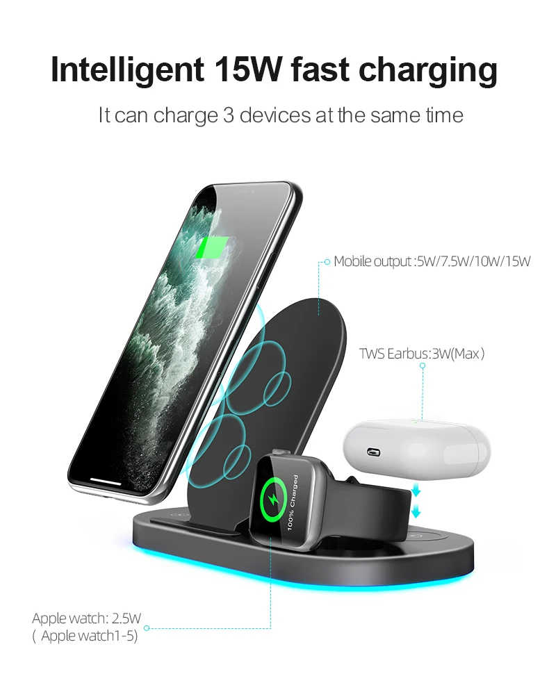 Smart Phone Charging dock station Fast 15W 3in1 QI Wireless charger for Xiaomi Huawei Iphone 12 11 XS XR X 8 Apple watch airpods