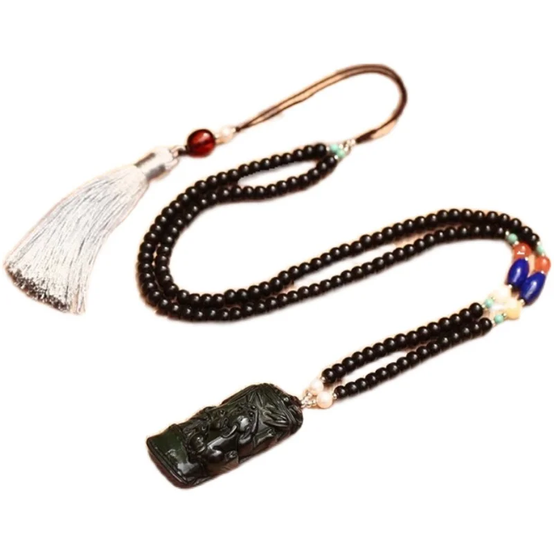 Natural obsidian Jade PIXIU Pendant bamboo theme Sweater chain Jewelry Men's and Women's Necklace Fashion Accessories +Gift Box