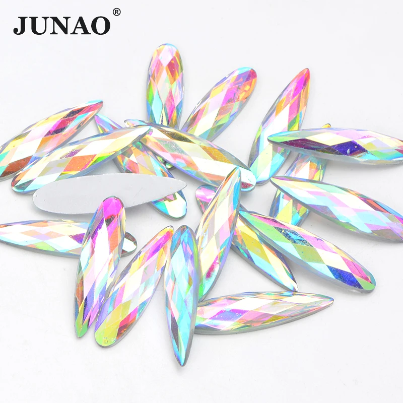 JUNAO 20pcs 9x36mm Large Crystal AB Rhinestones Applique Flat Back Drop Shape Crystal Stones Non Hotfix Scrapbook Strass Beads