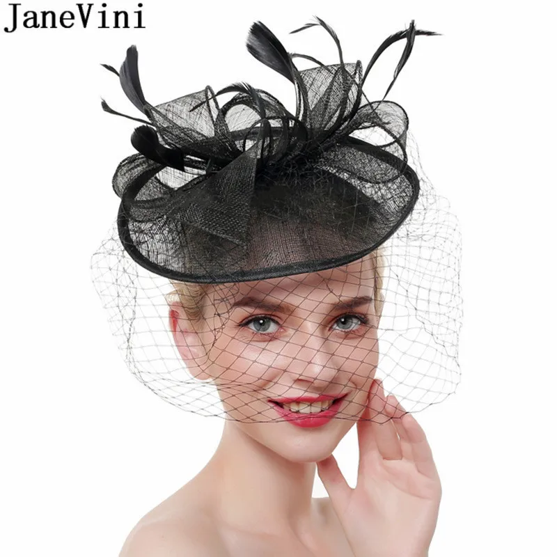 JaneVini-gorros de boda para mujer, tocado elegante de malla con plumas, color azul marfil, Haarschmuck