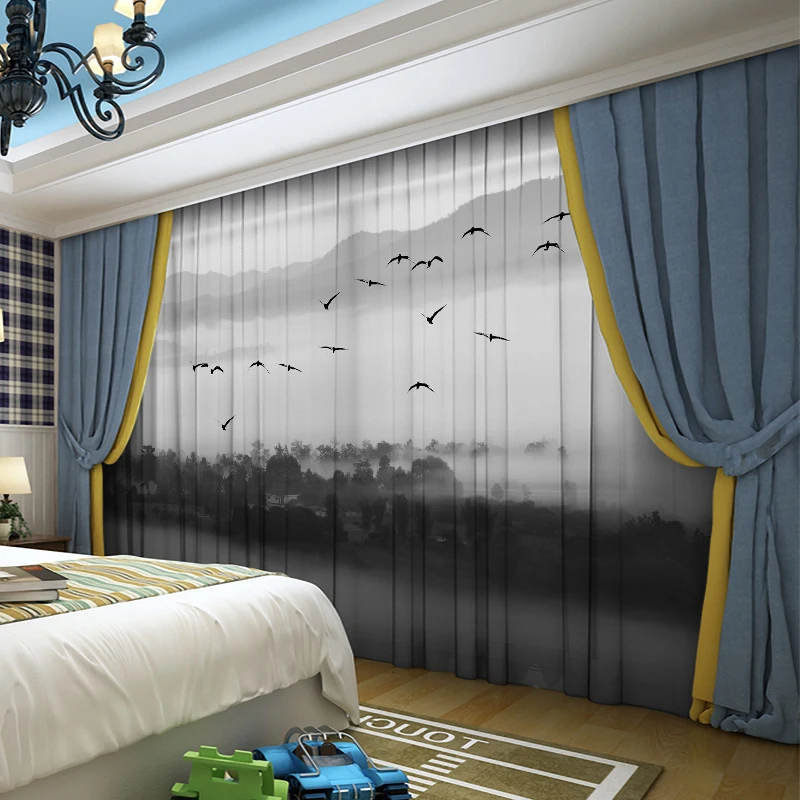 Modern New Chinese Ink Landscape Painting Tulle Curtains for Living Room Study High-end Bedroom Famous Hotel Tulle Curtain