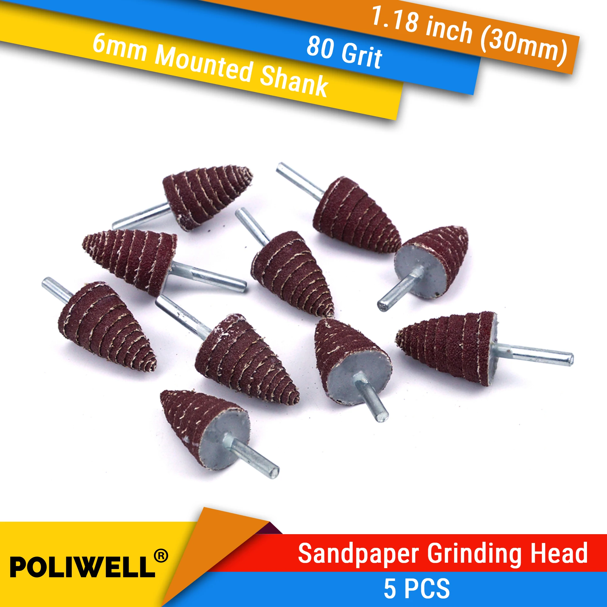 

5Pcs 30mm Tapered Cone Grinding Head 80# 6mm Mounted Mandrel Sandpaper Flap Wheels Polishing Abrasive Tools Dremel Accessories