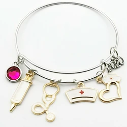 2020 New Golden Dripping Nurse Cap Medical Bracelet, Syringe Stethoscope Medicine Bag Cute Birthstone Bracelet Jewelry Gift