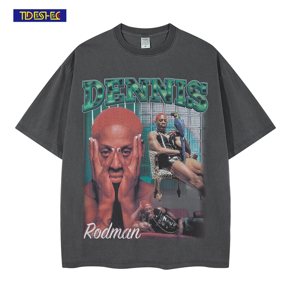 TIDESHEC 2022 Spring Summer Street Men T-shirt Vintage Washed Dennis Rodman Print T-shirt Cotton Oversized Graphics Top Tee