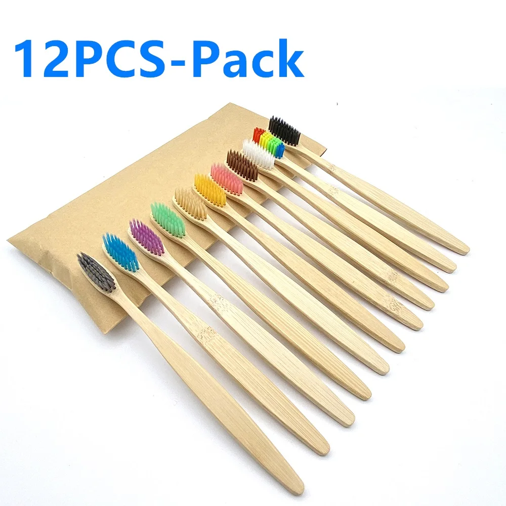 Escova De Dentes De Bambu Para Adultos Carvão De Ponta De Cerdas Macias Escova De Dentes De Madeira, Oral Care, Cor Misturada, Eco Friendly, 12Pcs