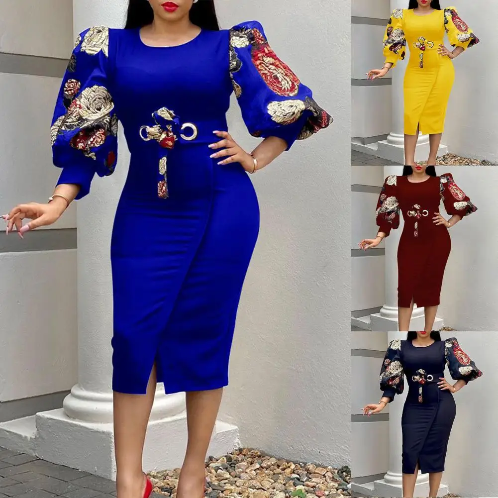 Women Elegant Bodycon Dresses O Neck Three Quater Sleeves High Waist Office Ladies Work Wear Package Hip African Fashion Spring