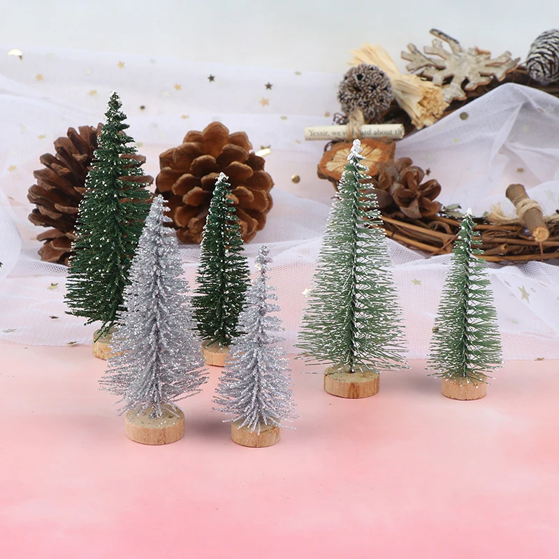 3 Pieces Christmas Tree Mini Pine Tree With Wood Base DIY Home Table Top Decor Miniatures S/L (7/9cm )