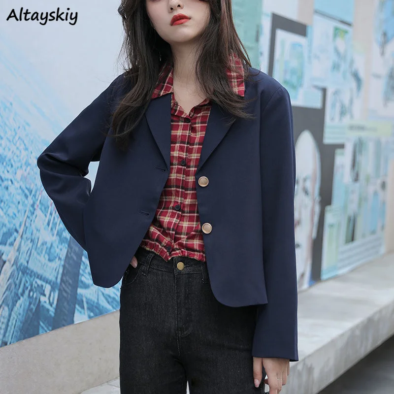 Blazers Women Single Breasted All-match Slim Cropped Blazer Solid Simple Casual Navy Blue Elegant Ulzzang Feminine New Arrival