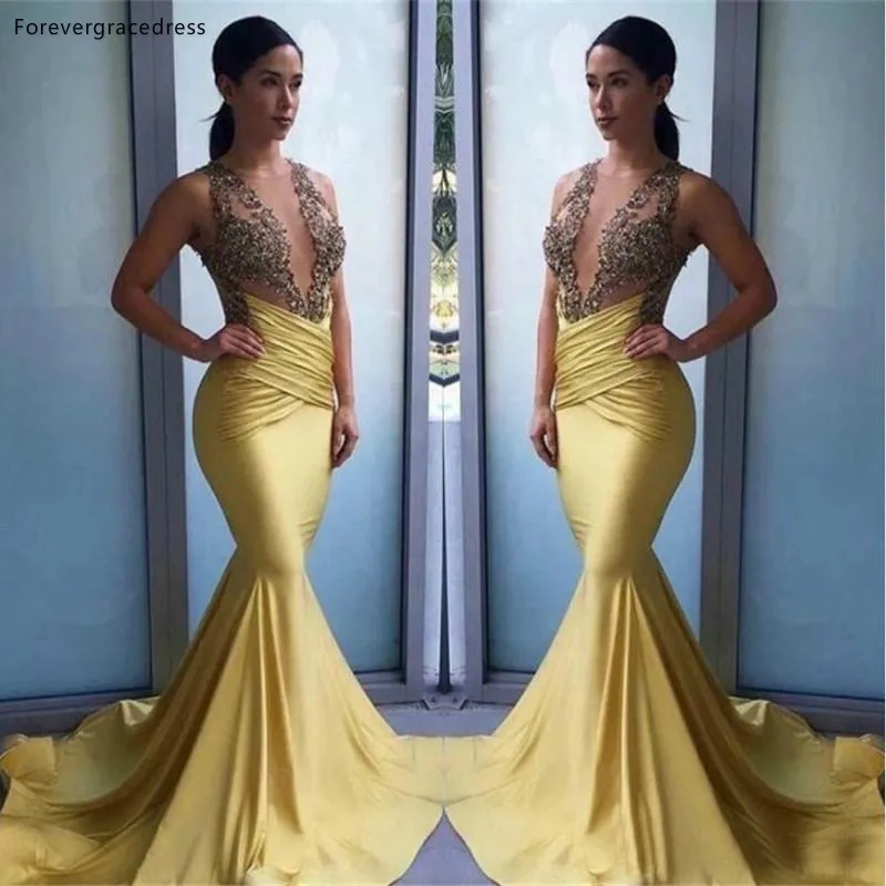 Daffodil Colour Prom Dresses Mermaid V Neck Beaded Lace Party Gowns Women Wears Plus Size