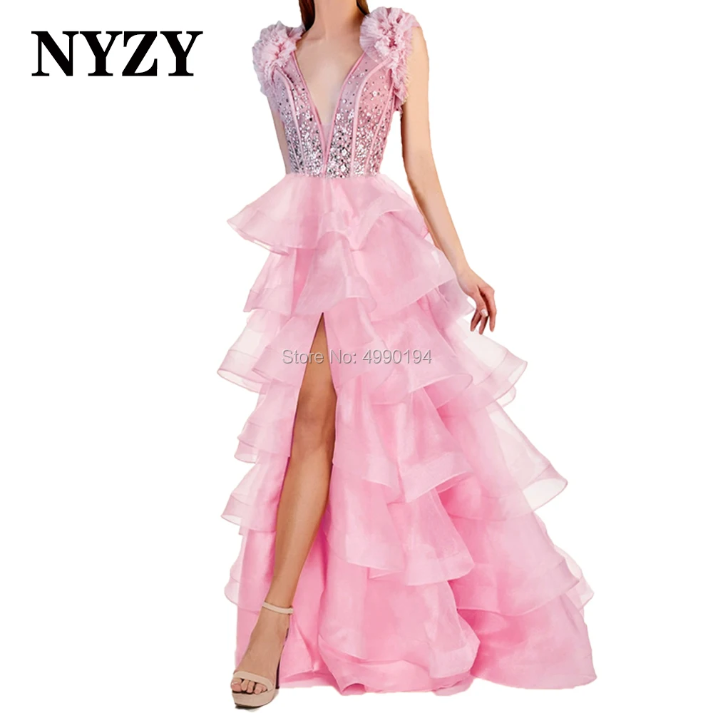 Mode Kristal Organza Ruches Prom Dresses 2020 Nyzy P103 Hoge Lage Roze Formele Party Jurk Robe De Soiree