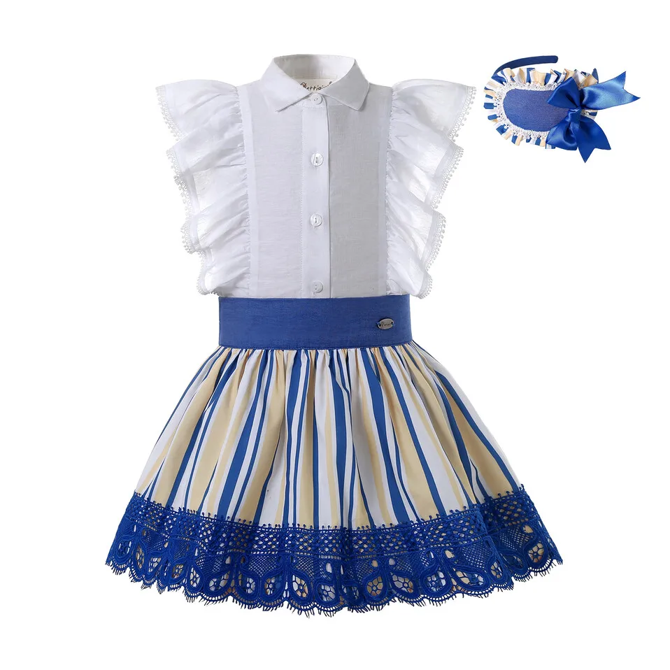 

Pettigirl Blue Girl Clothes Fancy Outfits For Girls Strips Fly Sleeve Boutique Kids Wear with Headwear